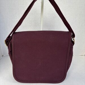 Lands End Burgundy Canvas Messenger Bag Crossbody Flap Purse Gold Hardware